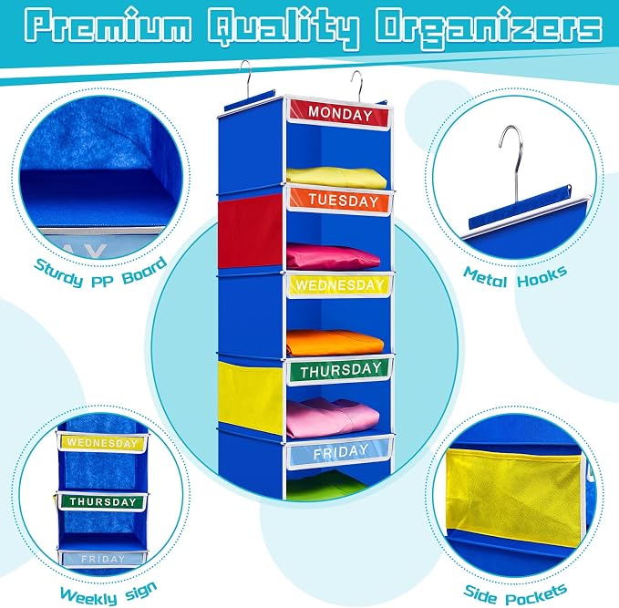 2 Pcs 7 Shelf Weekly Clothes Organizer for Kids Hanging Closet Organizer 11. 8 x 11. 8 x 50 Inches Daily Activity Kids Clothes Storage Drawers Cube Drawers Closet Hanging Shelves(Blue) - Image 3
