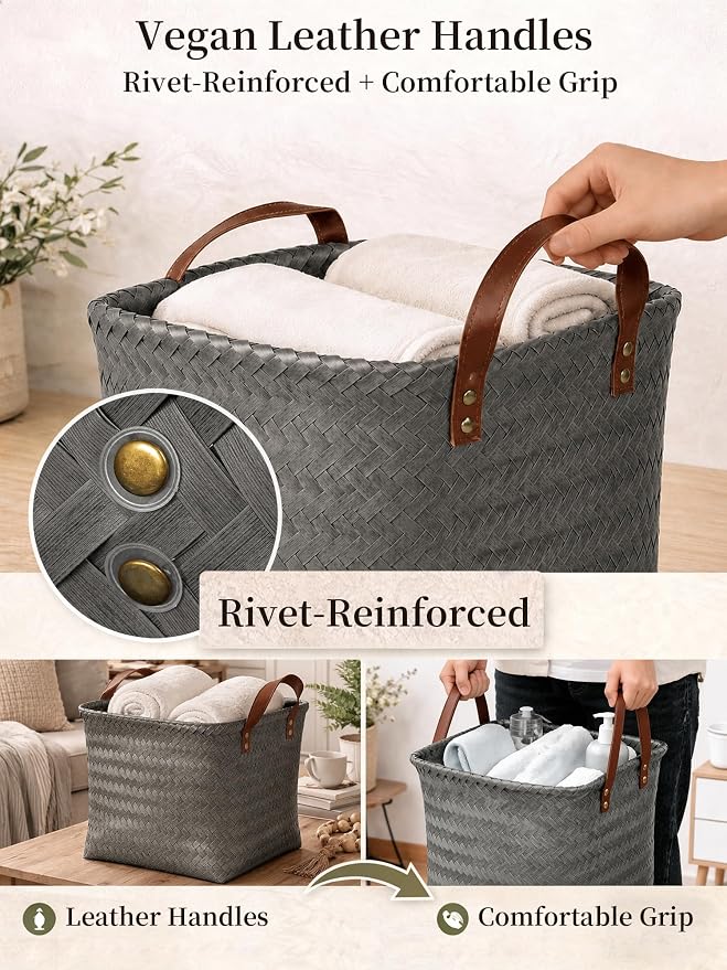 Wicker Storage Baskets, 4 Pack Woven Baskets for Shelves, Grey | PP Rattan, Water-resistant Wicker Basket, Large Baskets with Faux Leather Handles for Blanket, Laundry Organizer, Room Decor - Image 6