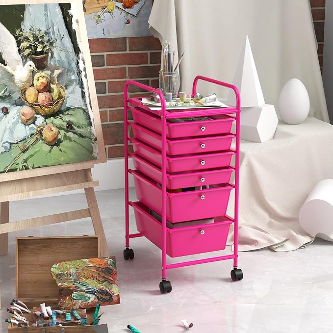GOFLAME 6-Drawer Rolling Storage Cart, Multifunctional Art Craft Organizer, Mobile Utility Storage with Removable Drawers & Lockable Wheels, Craft Cart for Home Office, Hot Pink - Image 7