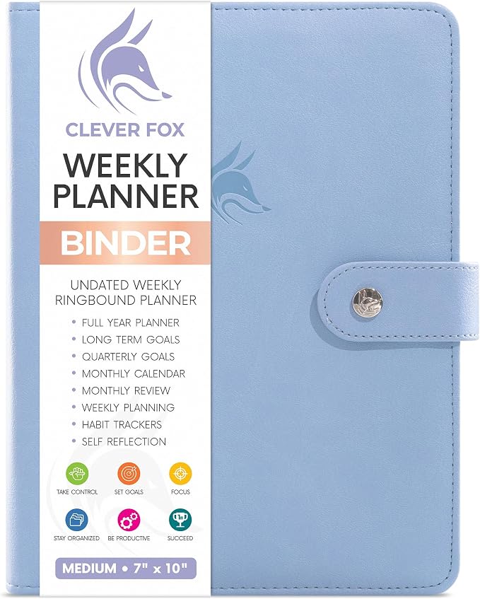 Clever Fox Weekly Planner Binder, Undated Daily A5 Eco Leather Periwinkle | 7 x 10 in with A5 pages, mini 3 ring portfolio organizer, work time manager, day runner, agenda book with monthly calendars by CleverFox