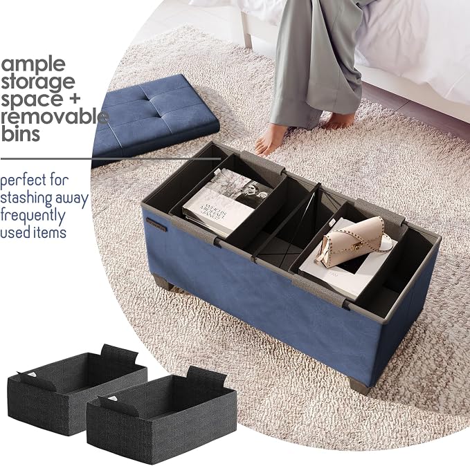Storage Ottoman Bench with Bins, 30-in Storage Bench for Bedroom End of Bed, Folding Foot Rest Ottoman for Living Room Max 660lbs, Leather Ottomans, Blue - Image 4