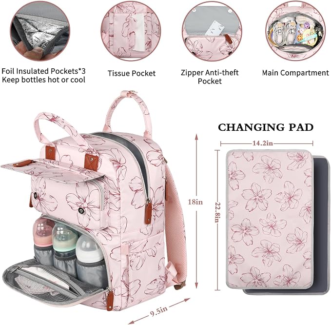 Diaper Bag Backpack, Large Diaper Backpack with Portable Changing Pad, Baby Diaper Bags for Girls, Multifunction Floral Travel Backpack for Moms Dads with Insulated Pockets and Stroller Straps - Image 3