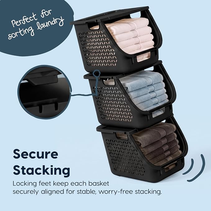 IRIS USA Laundry Basket Hamper, 40L - 3 Pack, Sorter Bin with Lids, Black | Stackable, Open Front, Built-In Handles, Ventilation, - Image 5