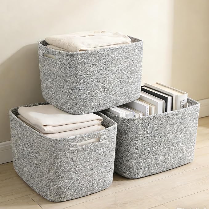 3 Pack Woven Baskets,Storage Baskets for Shelves with Handles | 13.5"×11"×9.5", Closet Baskets, Nursery Organizer for Toys Towels Books, Storage Bin for Living Room Bedroom (Mixed Grey) - Image 6