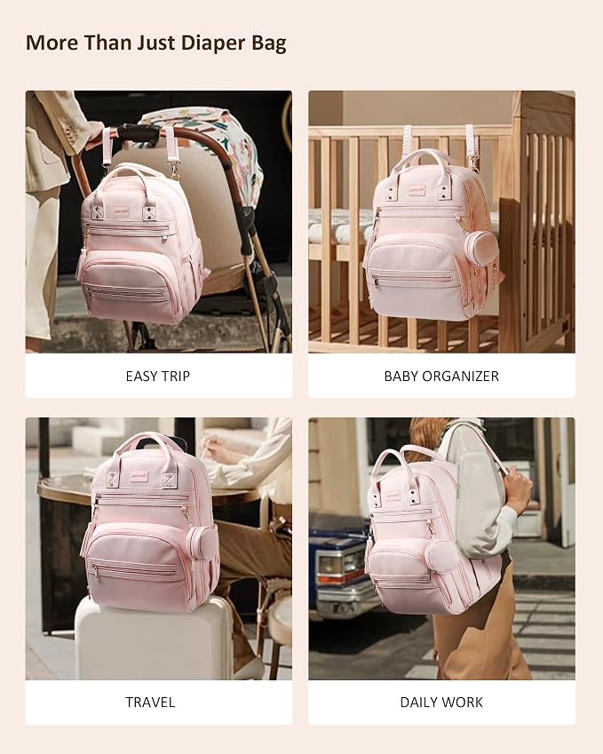 ROSEGIN Premium Vegan Leather Diaper Bag Backpack with Waterproof Changing Pad, Reinforced Zippers & Odor-Free, 20 Pockets Pro Organizer, Fits 15.6" Laptop, Stroller Straps, Baby Bag for Mom, Pink - Image 7