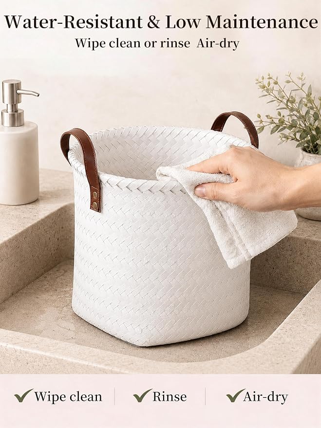 Wicker Storage Baskets, 4 Pack Woven Baskets for Shelves, White | PP Rattan, Water-resistant Wicker Basket, Large Baskets with Faux Leather Handles for Blanket, Laundry Organizer, Room Decor - Image 7