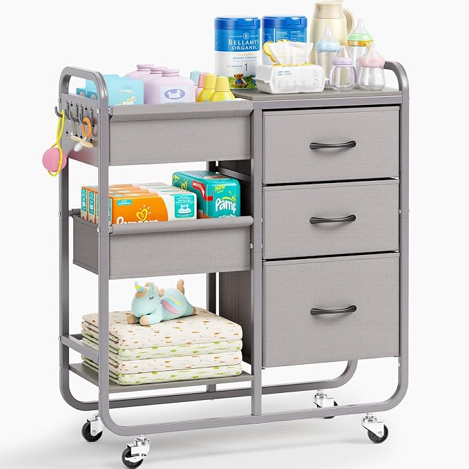 KINGRACK Baby Diaper Caddy Organizer and Storage Cart with Cloth Drawers | 3 Tier Metal Rolling Cart, 2-in-1 Large Capacity Mobile Utility Cart for Nursery, Bedroom, Changing Table & Crib by KINGRACK