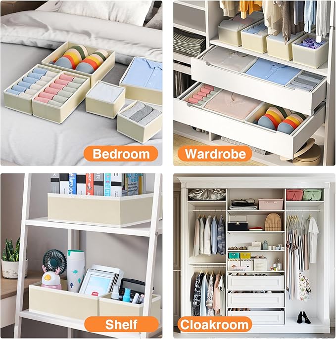 DIMJ Drawer Organiser System Drawer Organiser - Pack of 12 Storage Box Fabric Foldable Underwear Wardrobe Organiser for Clothes, Socks, Ties, Beige - Image 3