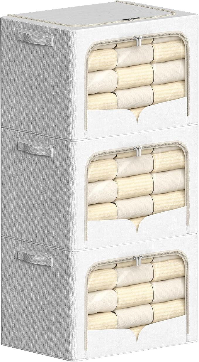 FHSQX 3 Pack Clothes Storage Bins with Metal Frame | Cream White, 23.6x16.5x15.7inch,Foldable, Stackable Linen Fabric, Carrying Handles, Clear Window by FHSQX