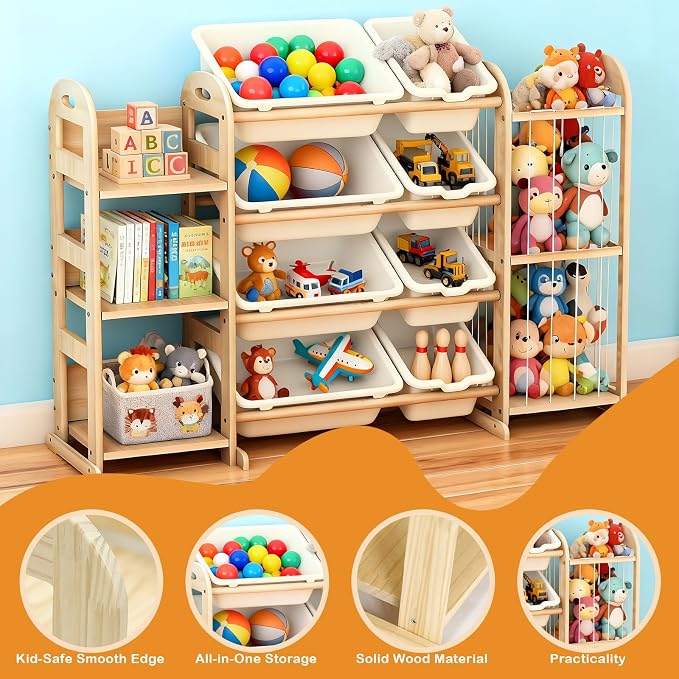 Wooden Toy Storage Organizer, Toy Organizers & Storage with Stuffed Animal Storage, Toy Storage Shelf with 3 Shelves, 8 Storage Bins, Kids Bookshelf, Toy Holder for Toddler Rooms, Playrooms, Bedrooms - Image 6