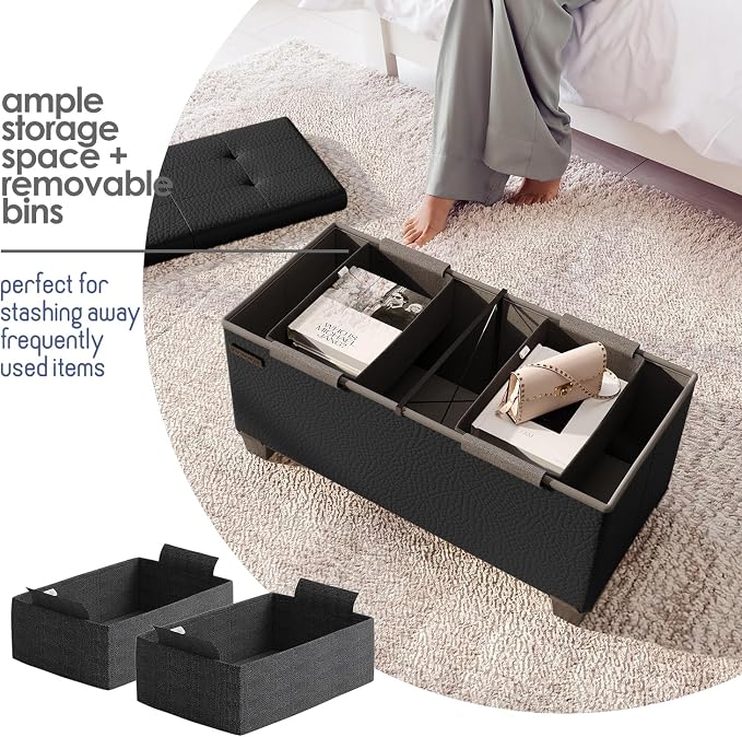 Storage Ottoman Bench with Bins, 30-in Storage Bench for Bedroom End of Bed, Folding Foot Rest Ottoman for Living Room Max 660lbs, Faux Leather Ottomans, Black - Image 3