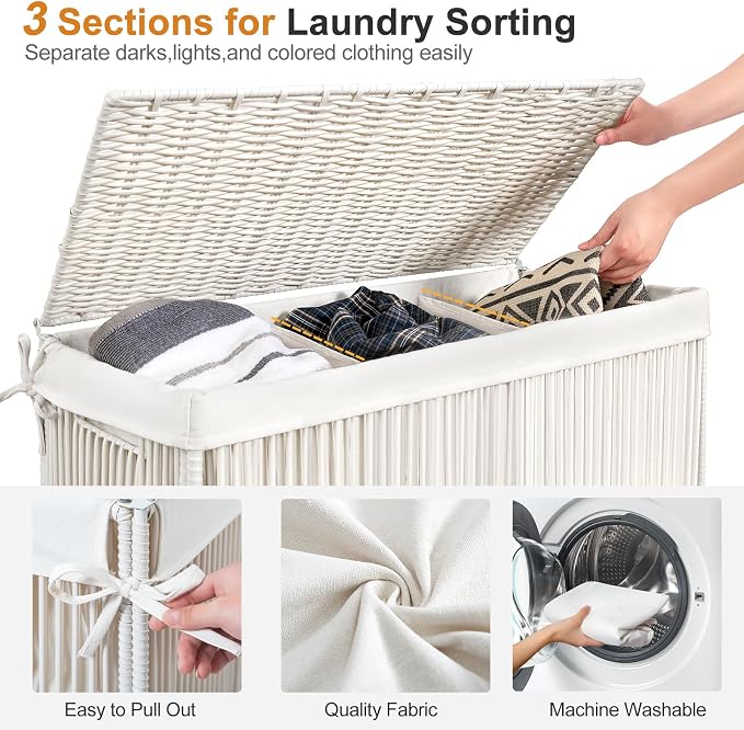 WOWLIVE Laundry Basket 3 Section, Handwoven Laundry Hamper with Wheels | Rolling Clothes Hamper with Lid and Divided Removable Bag, 160L Large Laundry Sorter, Laundry Room Organization, Creamy White - Image 5