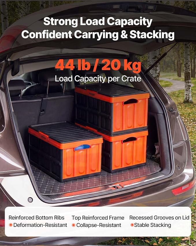 VEVOR Plastic Collapsible Storage Bins with Lids, 45L 3Packs, Stackable Folding Storage Crates with Handles, Holds 44 lbs Per Bin, Heavy Duty Containers, Space-Saving Baskets, for Home Organizing - Image 3
