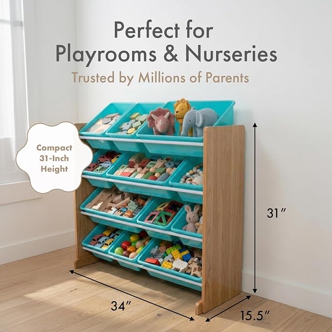 Humble Crew Kids Toy Organizer with 12 Bins, 4 Tier Storage for Playroom | Sturdy wood and steel toddler shelf, removable BPA-free containers, wall anchor anti-tip safety kit for bedroom or classroom - Image 6