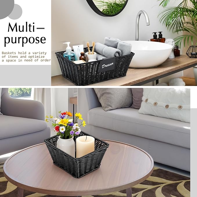 Marsui 6 Pcs Wicker Storage Baskets for Pantry Organization with Labels Handwoven Multi-size Black Wicker Storage Bins for Organizing Small Baskets Container for Shelves Closet Toilet - Image 5