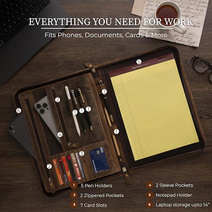 Leather Padfolio with Zipper – Business Portfolio for Men and Women, Legal Pad Portfolio, Leather Folder, Professional Padfolio for Meetings and Interviews - Image 2