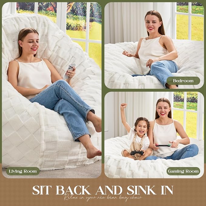 Hobestluk Adults Bean Bag Chair 5FT Big BeanBag Chair Giant Large Oversized | Memory Foam,Washable Cover,Unique Fluffy Plaid,Comfy Big BeanBag with Filler Lounging Reading Bedroom Living Room | White 5FT - Image 5