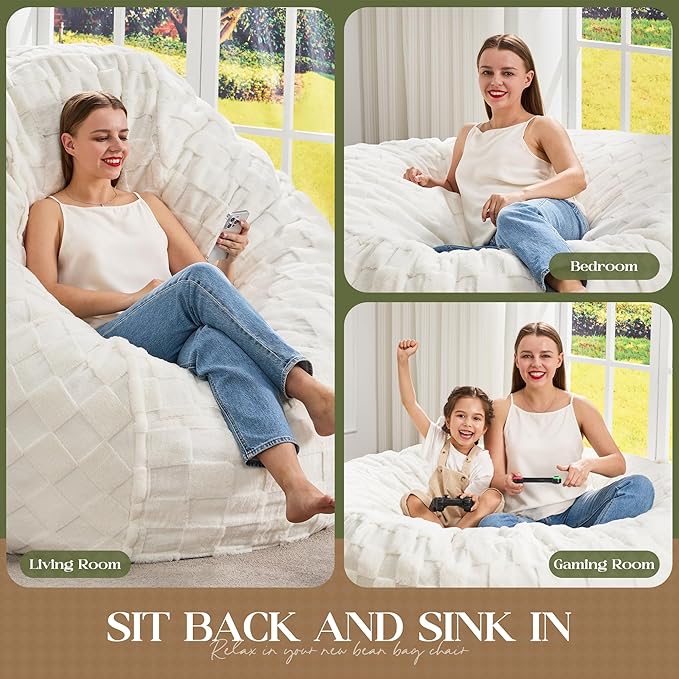 Hobestluk Adults Bean Bag Chair 4FT Big BeanBag Chair Extra Large Oversized | Memory Foam,Washable Cover,Unique Fluffy Plaid,Comfy Big Bean Bag with Filler Lounging Gaming Bedroom Living Room | White 4FT - Image 5