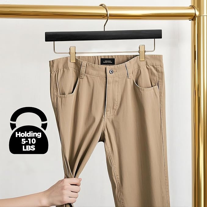 Quality Hangers Wooden Pants Hangers - Multi-Pack Swivel Hook Cloth Hanger Set - Lotus Wood Skirt, Pant, Shorts and Slack Hangers with Adjustable Clip – Clothing Hanger Set (Black - Gold Hook, 100) - Image 5