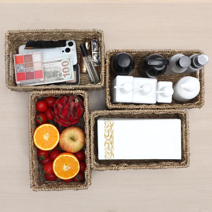 4 Small 3.6 QT Seagrass Wicker Baskets for Shelves, 10" Long Woven Pantry Organizers and Storage Basket, Decorative Ratten Shallow Rectangle Baskets for Organizing Countertop Kitchen - Image 6