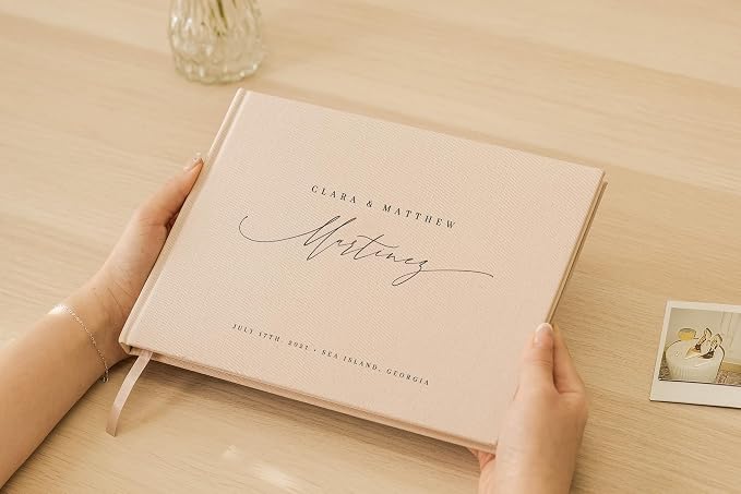 Personalized Linen Guest Book (Design 7) - 9 x 7.5 Hardcover Custom Wedding Guestbook Bride Groom First and Last Name, Reception Ceremony Engagement Party Keepsake Signing Book w/ 120 Blank Pages - Image 7