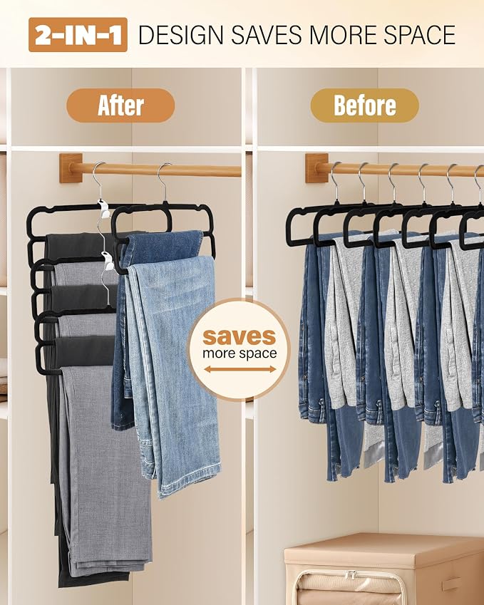 10 Pack Velvet Pants Hangers Space Saving, Non Slip 2-Layer Hanger (Black) | Heavy Duty Flocked Trouser Hangers,pants organizer for closet with Swivel Hook, Felt Jean Hangers for Women and Men - Image 2