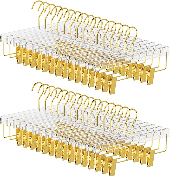 Gold Acrylic Pants Hangers 30 Pack with Adjustable Clips | Non-Slip & Heavy Duty Hangers for Pants, Skirts, Jeans, Trousers, Scarves, Adults & Kids, Clothing Closet Storage by UEAKPIC