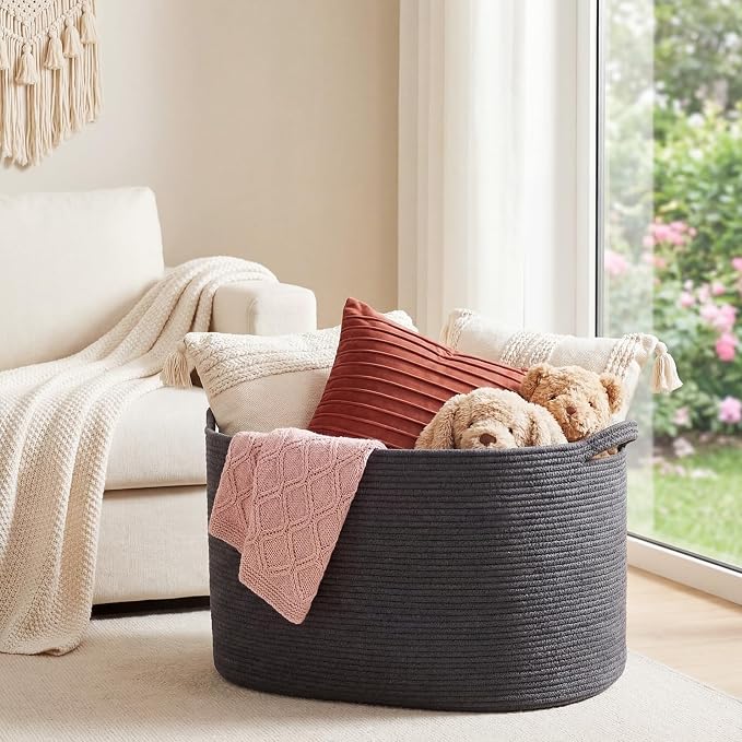 XXXXL 125L Extra Large Woven Blanket Basket, 25" x 18" x 17" Jumbo Cotton Rope Storage Basket with Handles Toy Storage Bins for Laundry Hamper Nursery Organizer Living Room Home(Dark Gray) - Image 3
