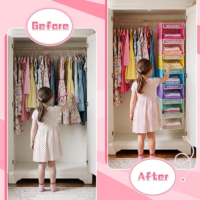 2 Pcs 7 Shelf Weekly Clothes Organizer for Kids Hanging Closet Organizer 11. 8 x 11. 8 x 50 Inch Daily Activity Kids Clothes Storage Drawers Cube Drawers Closet Hanging Shelves (Pastel Color) - Image 7