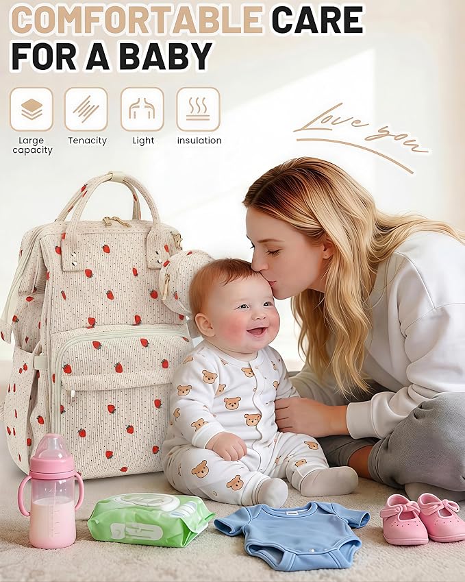 Corduroy Diaper Bag Backpack, Large Capacity Multifunction Baby Diaper Bags for Women, Insulated Bottle Pockets & Pacifier Case, Stylish Travel Nappy Changing Bags for Mom Dad (Strawberry) - Image 2