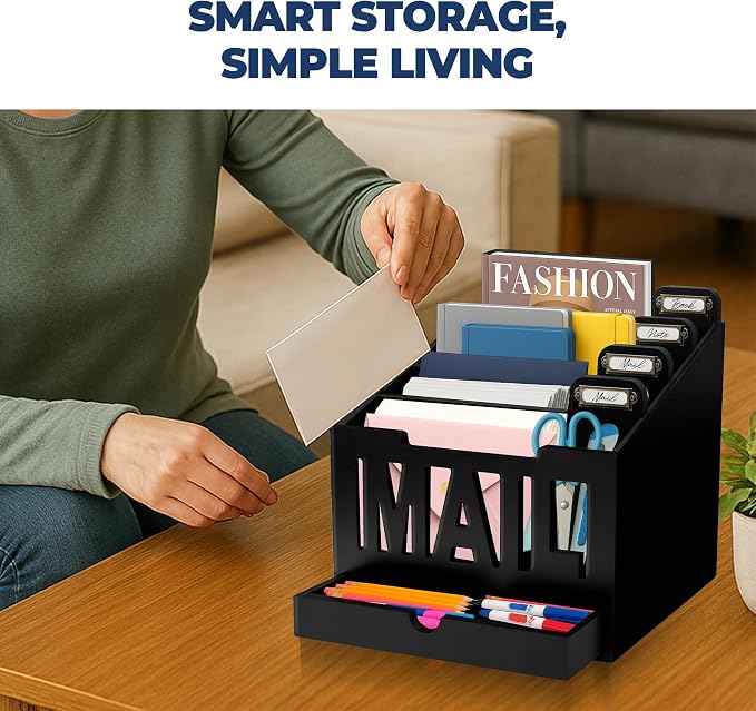 Mail Organizer Countertop, Desktop Mail Sorter with Drawer & Label Tags, BK | Bills, Letters, Envelopes & Receipts - Image 7