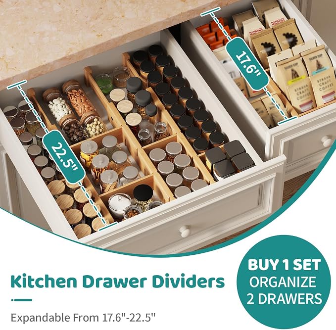 Bamboo Drawer Dividers with Inserts, Kitchen Adjustable Drawer Organizers, Expandable Organization for Home, Dressers, 4 Dividers with 8 Inserts - Image 3