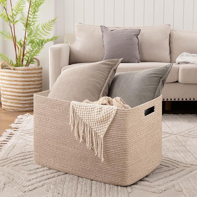 OIAHOMY 118L XXXLarge Cotton Rope Storage Basket, Oversized Blanket Basket, Used for Organizing Dirty Clothes in Living Room, Bedroom, Nursery, Dog Toy Storage Bins, 25" x 17" x 16",Brown variegated - Image 2