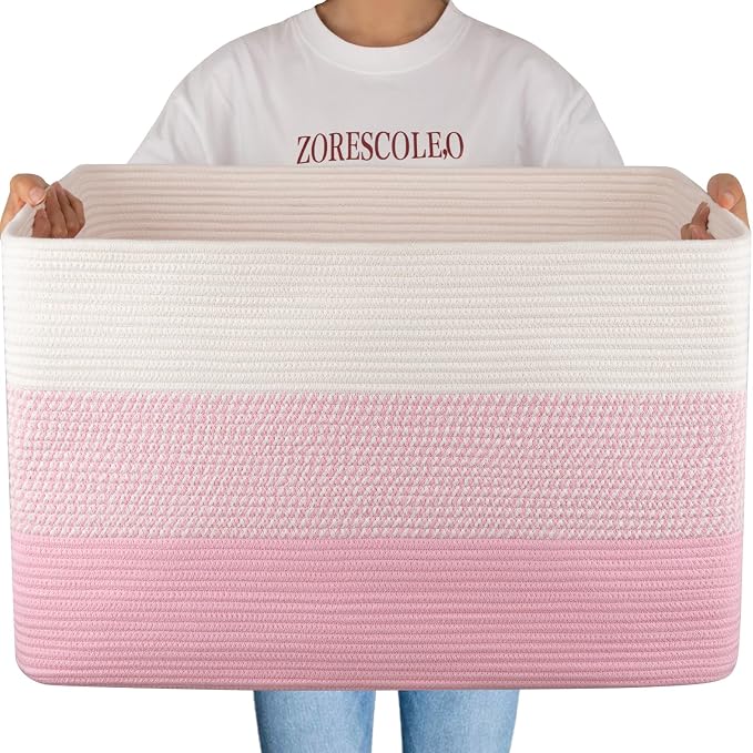 OIAHOMY 108L Extra Large Blanket Basket Dog Toy Basket Pink&White | Rectangle Woven Baskets for Storage Cotton Rope Basket For Living Room Toy Storage Blanket Storage Laundry Basket by MasterofSpaceOptimization