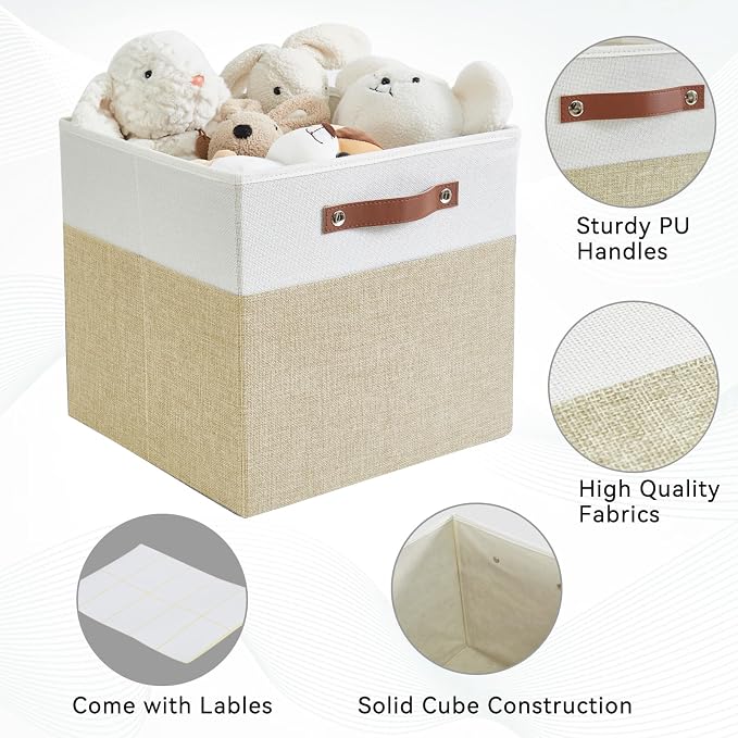 13x15x13 Storage Cube Bins, Foldable Storage Organizer Baskets, Fabric Cube Storage Boxes with 2 Reinforced PU Handles for Kallax, Shelves, Living Room | 4 Pack, Beige & White - Image 2