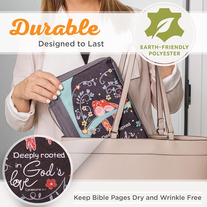 Christian Art Gifts Men & Women’s Bible Cover – Deeply Rooted in God’s Love, Gray Canvas, Large Size – Durable Zipper Case with Handle, Pen Loop, Interior & Exterior Pockets for Daily Use - Image 3