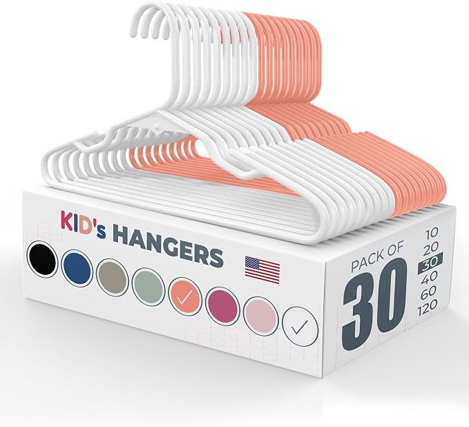 Plastic 12” Kids Hangers 30 Pack – Made in the USA – 5lb Capacity Baby & Toddler Clothes Hangers with Notches & Reinforced Edges – Fits Children’s Sizes Up to 8 – White & Peach by NeatiesHangers