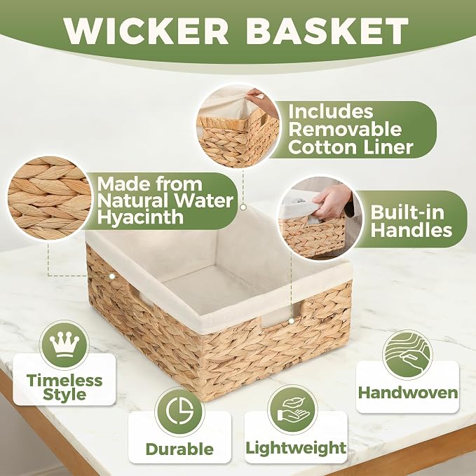 Wicker Shelf Storage Baskets for Organizing - Natural Water Hyacinth Woven Basket Organizers & Storage for Shelves w/Handles & Cotton Liner for Home & Pantry Decor Organization, Large 15” x 12” x 6” - Image 2