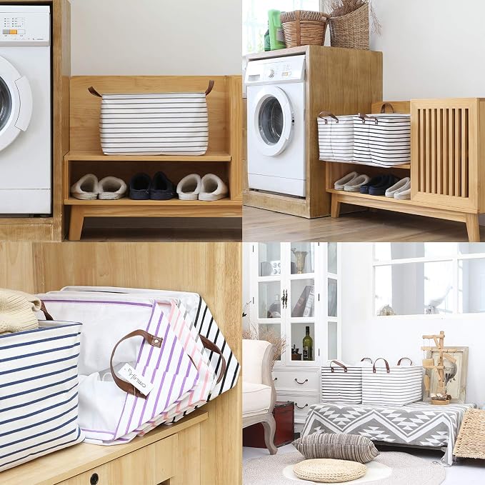 Hinwo 2-Pack Large Canvas Fabric Storage Baskets with Handles, 31L Rectangle Storage Bins, Collapsible Storage Box, Clothes, Toys, Blankets Organizers, 16.5 x 11.8 x 9.8 inches, (Grey Stripe) - Image 3