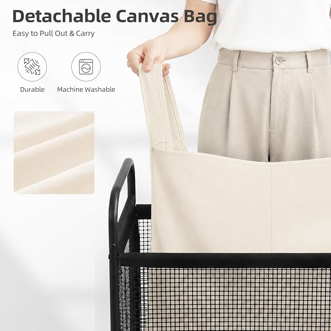 STORAGE MANIAC Rolling Laundry Hamper with Wheels 2-Section Laundry Sorter Rolling Laundrys Basket on Wheels with Removable Bag Clothes Hamper Laundrys Organizer Cart Bathroom Bedroom 100L Beige - Image 4