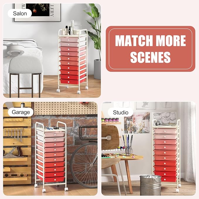 GOFLAME 10-Drawer Rolling Storage Drawer Cart, Utility Cart with Removable Drawers & Metal Frame, Mobile Art Craft Drawer Cart with Lockable Wheels for Home, Office, Studio, School, Pink - Image 8