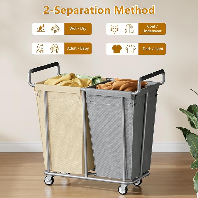 Gewudraw 2 Bag 360L Laundry Baskets with Wheels Heavy Duty | Big Rolling Hamper with Removable Bags, Heavy-Duty Steel Frame, Industrial Laundry Basket Organizer for Laundry Room - Image 3