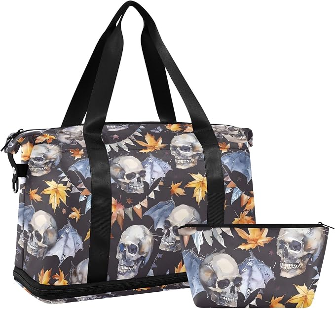 Travel Duffel Tote Bag Skull and Bat Leaf Sports Duffel Bag with Wet Pocket Weekender Overnight Bag for Women Men Gym Bag, Carry On Bag Hospital Bag for Labor and Delivery - Image 7