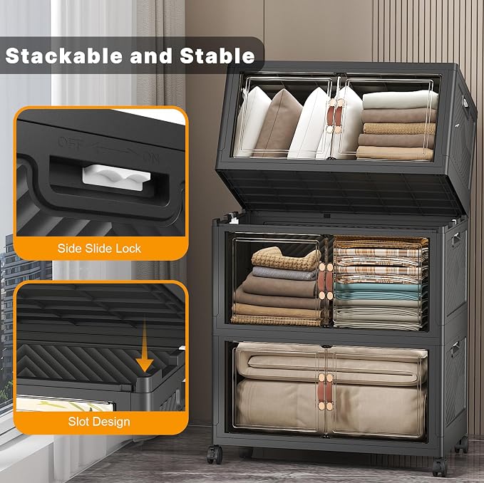 Stackable Storage Bins, 672QT Collapsible Drawers with 2 Lids | Large Capacity, Magnetic Door, Stack Lock, Rolling Wheels, Foldable Design, Organizers and Storage for Bedroom Dorm Garage - Image 3