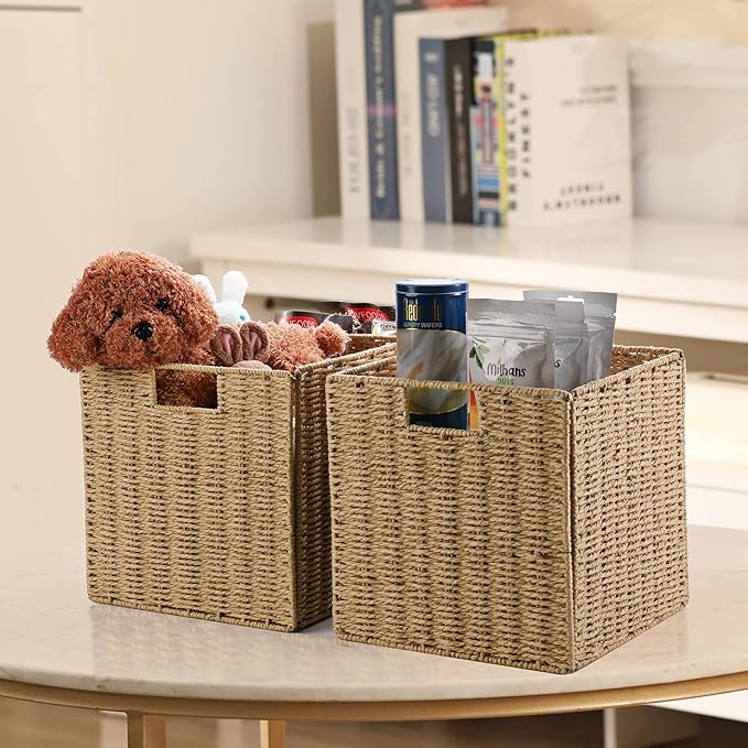 Wicker Storage Basket, Set of 2 Hand-Woven Storage Baskets for Shelves with Handles Foldable Cube Storage Baskets Bins, 9 inch Wicker Baskets for Pantry Bedroom Organizer &Decor, Natural - Image 4