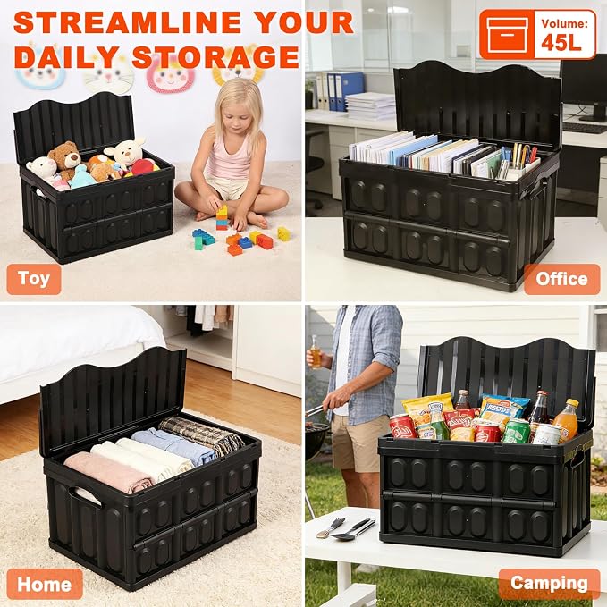 3-Pack Plastic Collapsible Storage Bins with Lids, | 45L Stackable Plastic Crates for Storage, Holds 55 lbs Per Bins, Heavy Duty Containers for Home Organizing, Tools & Camping - Image 6