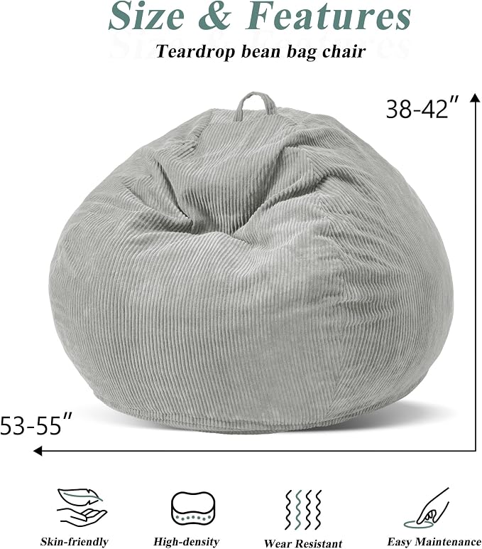 5FT Bean Bag Chair for Adults,Gaint Teardrop Beanbag with Filler | Beanbag Chair with Memory Foam Filled,Bean Bags with Handy Handle&Machine Washable Cover for Living Room,Bedroom-Light Grey - Image 2