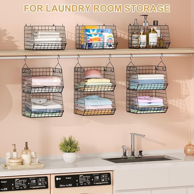 6 Tier Closet Hanging Organizer, Clothes Hanging Shelves with 4 Hanging Hooks 5 S Hooks, Wire Storage Basket Bins, for Clothing Sweaters Shoes Handbags Clutches Accessories Patent Design-Black - Image 8