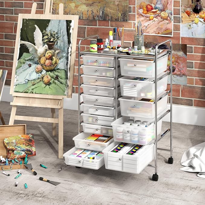 DREAMADE 15-Drawer Rolling Storage Cart, Mobile Craft Cart, Clear | Utility Organizer with Lockable Wheels, Removable Plastic Drawers and Metal Frame for Home Office, Classroom and Studio - Image 7