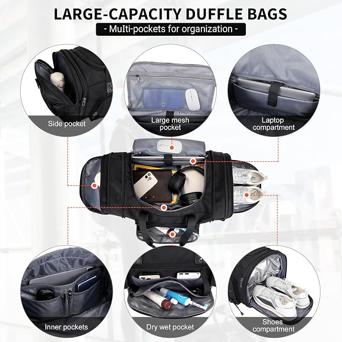 WITZMAN Mens Duffle Bag Expandable 50L Travel Gym with Shoe Compartment | Nylon, Large, With Dry-wet Pocket, Fits 16" Laptop, Carry-on Bag, For Sports Weekender Overnight, B695 Black - Image 4